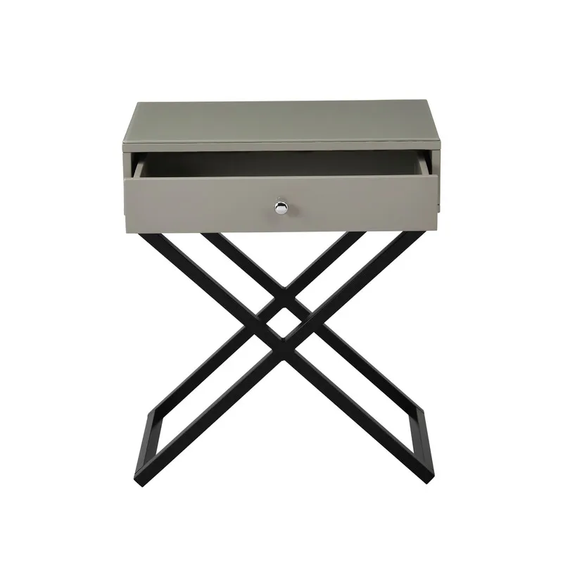 Koda - Wooden End Side Table Nightstand With Glass Top, Drawer And Metal Cross Base - Taupe