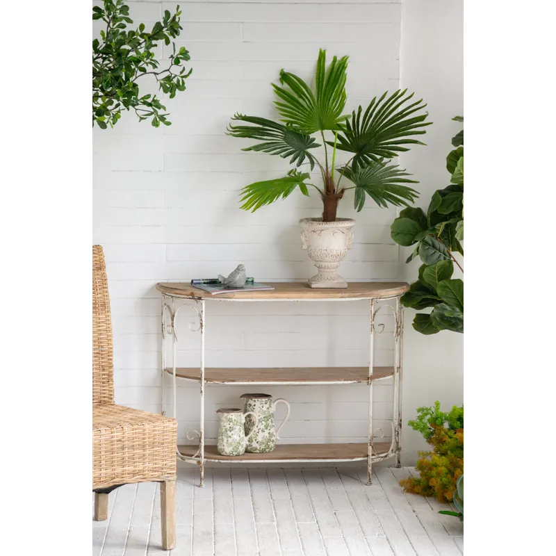 Three Tiered White Wooden Shelving Unit With Ornate Iron Frame - Multicolor