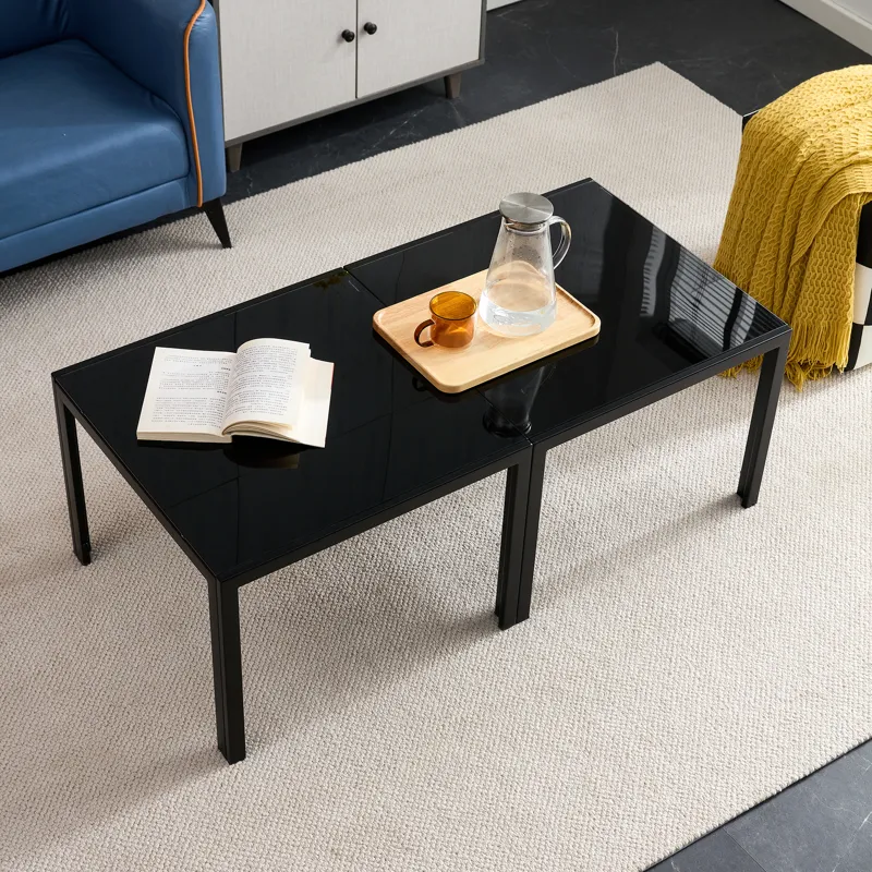 Coffee Table (Set of 2), Square Modern Table With Tempered Glass Finish For Living Room - Black