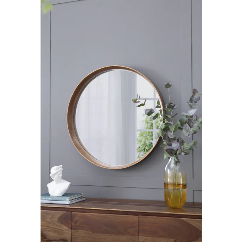 Round Pine Wood Mirror, Wall Mounted Mirror Home Decor For Bathroom Living Room - Brown