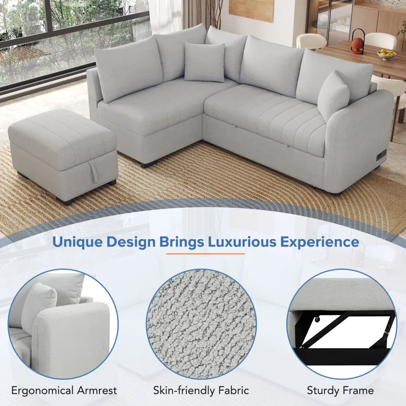 L-Shaped Sectional Pull Out Sofa Bed Sleeper Sofa With Two USB Ports, Two Power Sockets And A Movabl