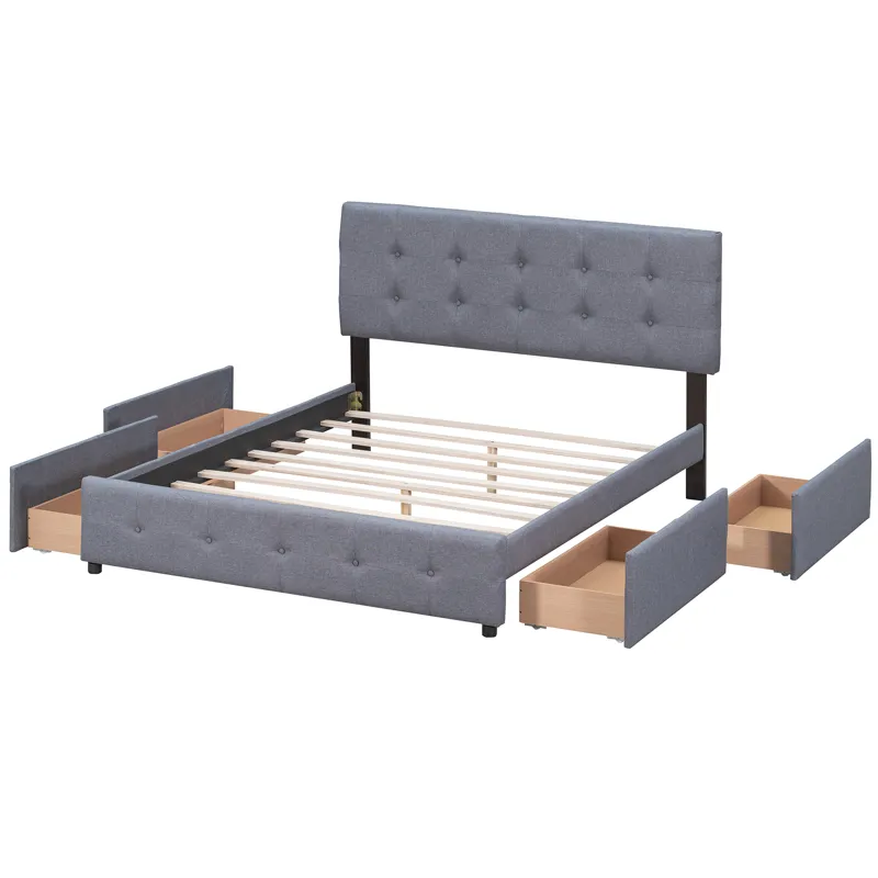 Queen Size Upholstered Platform Bed With Classic Headboard And 4 Drawers, No Box Spring Needed - Dar
