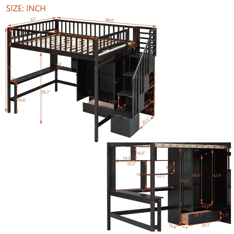 Full Size Loft Bed With Bookshelf, Drawers, Desk, And Wardrobe - Espresso