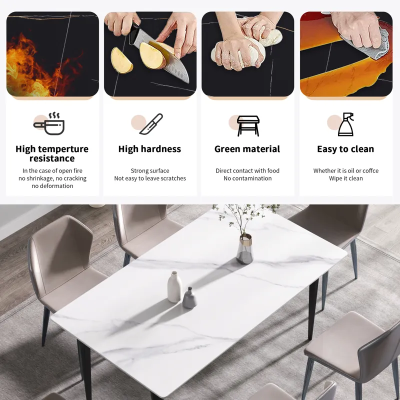 63\" Modern Artificial Stone White Straight Edge Black Metal Leg Dining Table, 6 People - White / Bl