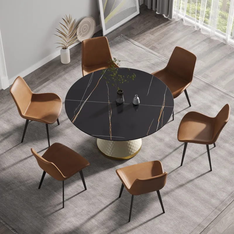 53.15\" Modern Artificial Stone Round Carbon Steel Base Dining Table, Can Accommodate 6 People - Bla