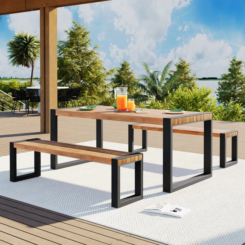 3 Pieces Outdoor Dining Table With 2 Benches, Patio Dining Set With Unique Top Texture, Acacia Wood 