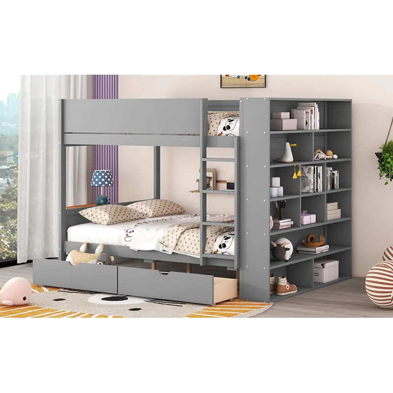 Full Over Full Bunk Bed With 2 Drawers And Multi - Layer Cabinet - Gray