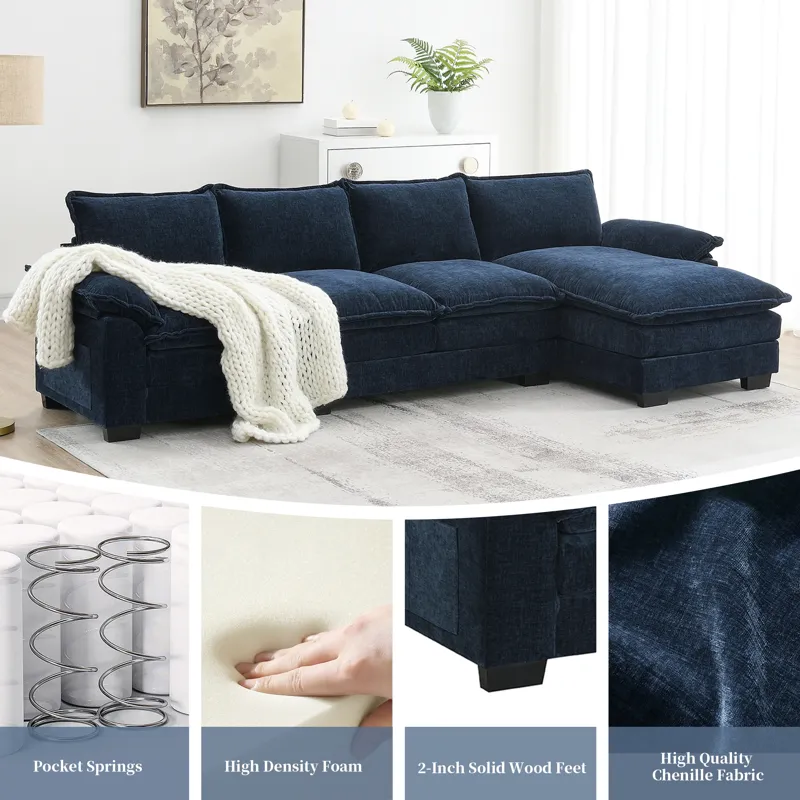 Modern L Shaped Chenille Cloud Sofa With Double Seat Cushions, 5 Seat Upholstered Indoor Furniture, 