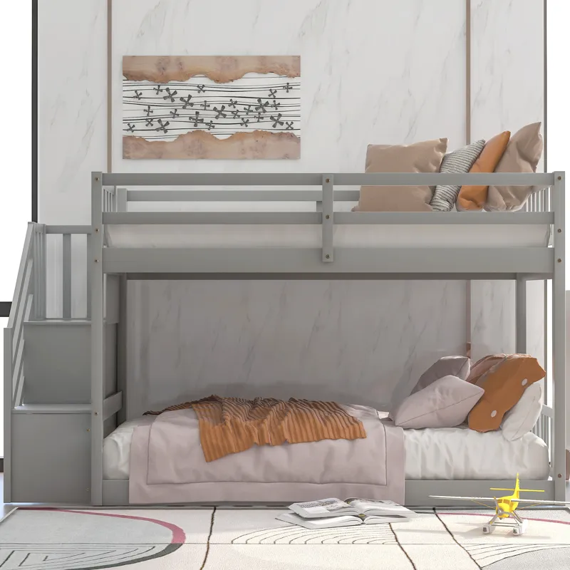 Twin Over Twin Floor Bunk Bed, Ladder With Storage - Gray