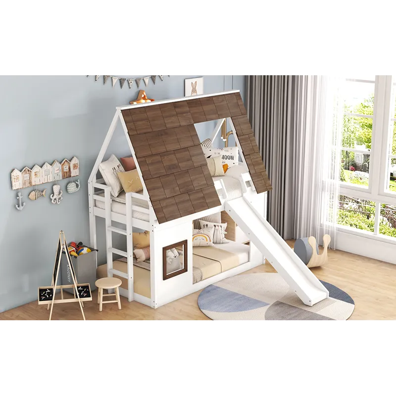 Wood Twin Size House Bunk Bed With Roof, Ladder And Slide - White / Brown