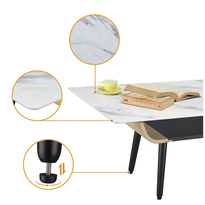 Landon - Coffee Table With Glass Marble Texture Top And Bent Wood Design - White