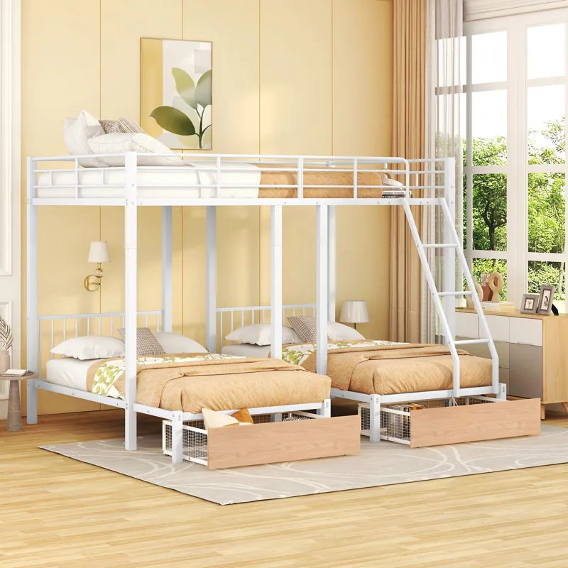 Full Over Twin & Twin Bunk Bed, Metal Triple Bunk Bed With Drawers And Guardrails - White