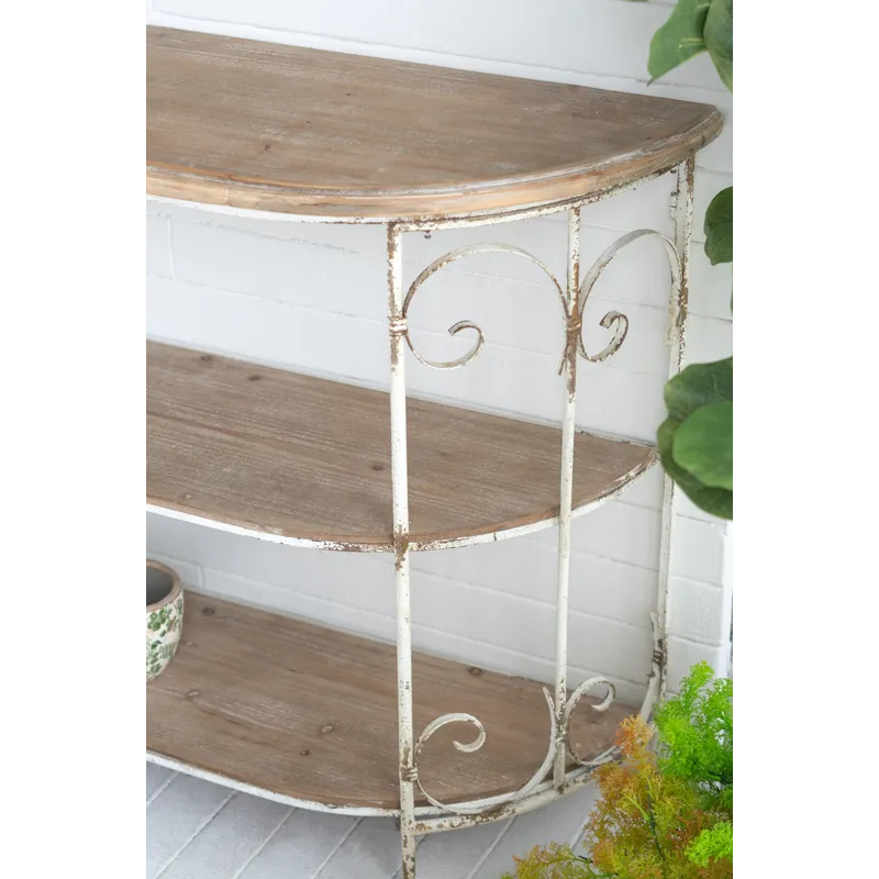 Three Tiered White Wooden Shelving Unit With Ornate Iron Frame - Multicolor