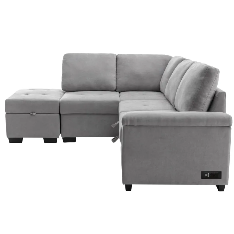 Sleeper Sectional Sofa, L-Shape Corner Couch Sofa - Bed With Storage Ottoman & Hidden Arm Storage & 