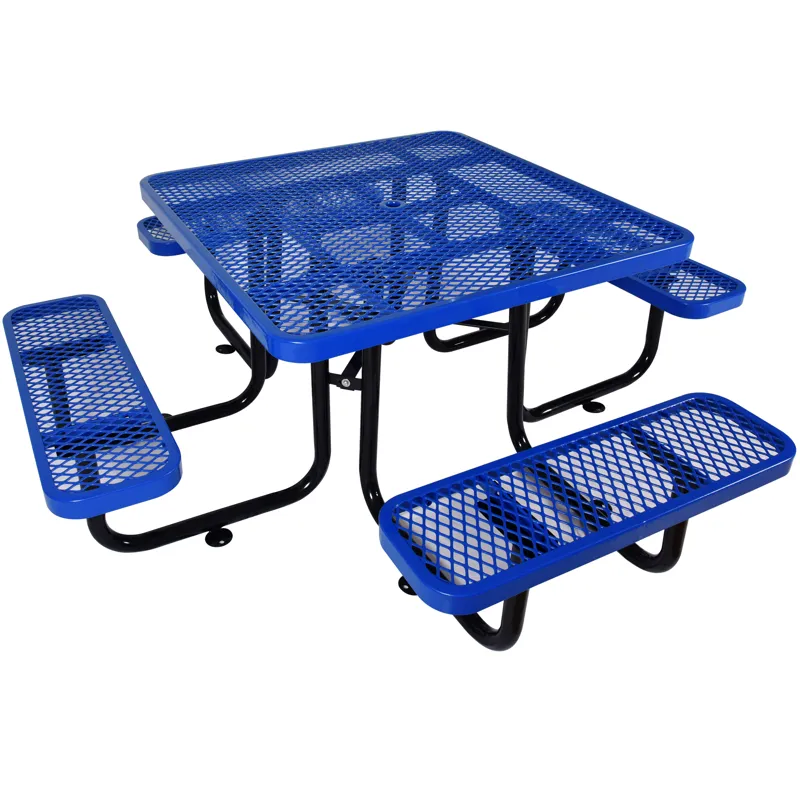 Square Outdoor Steel Picnic Table With Umbrella Pole - Blue