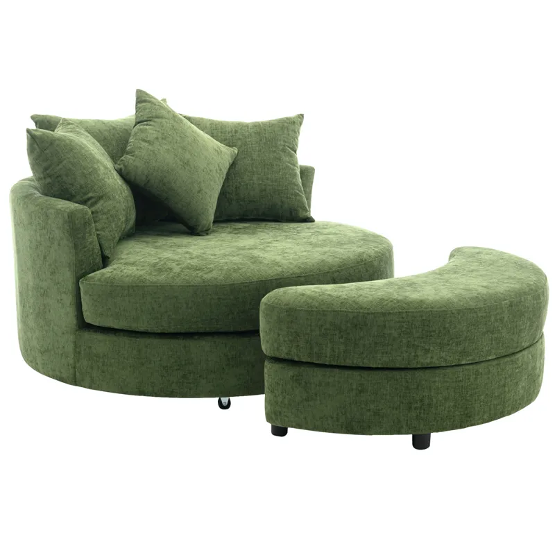 360° Swivel Accent Barrel Chair With Storage Ottoman & 4 Pillows, Modern Chenille Leisure Chair Roun