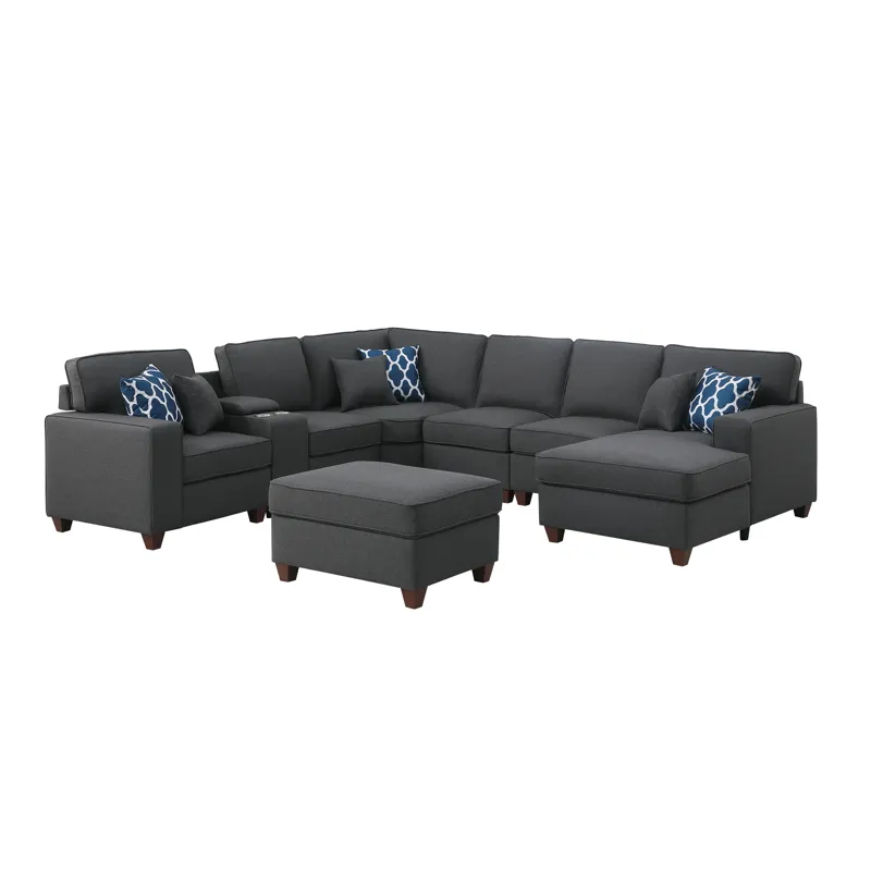 Tina - 8 Piece Upholstered Sectional With Ottoman - Dark Gray