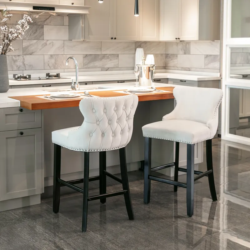 Contemporary Velvet Upholstered Wing-Back Barstools With Button Tufted Decoration And Wooden Legs, A