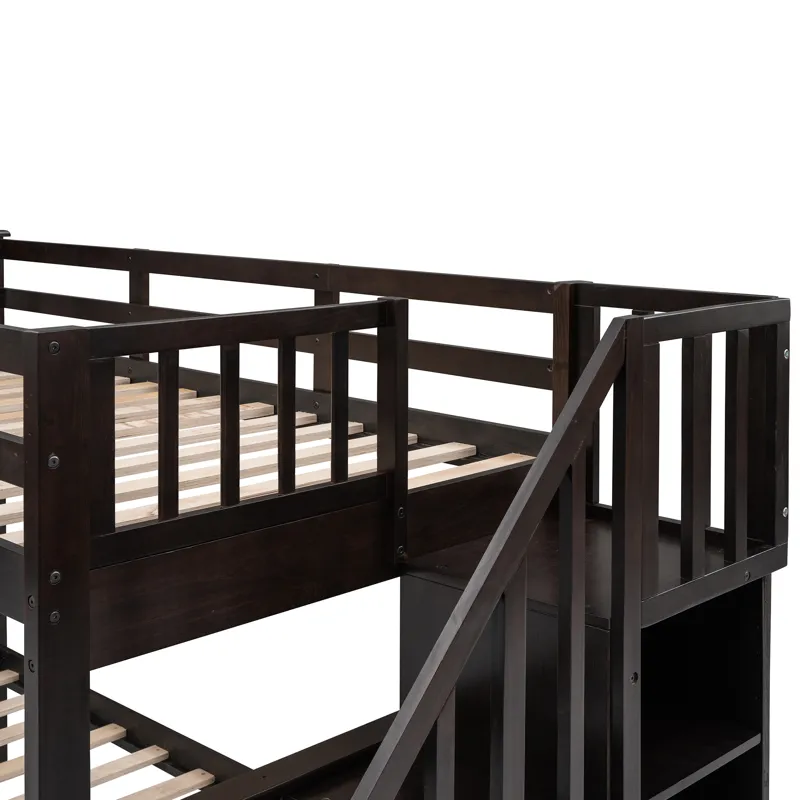 Twin Over Full Stairway Bunk Bed With Drawer, Storage And Guard Rail For Bedroom, Dorm, For Adults -