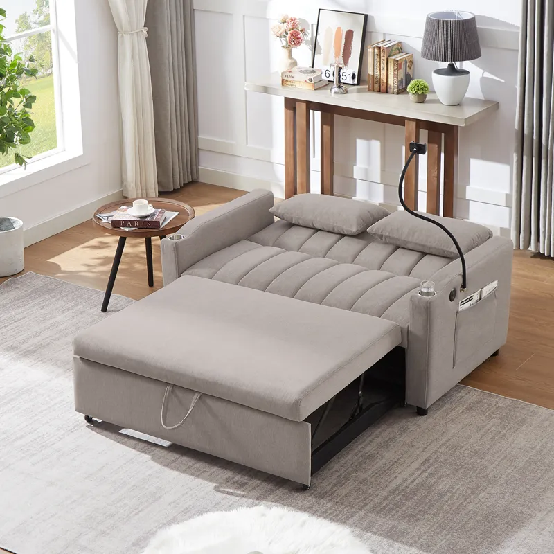 Convertible Sofa Bed Loveseat Sofa With Three USB Ports, Two Side Pockets, Two Cup Holders And 360° 