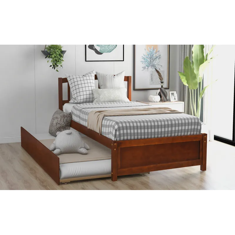 Twin Size Platform Bed Wood Bed Frame With Trundle Walnut