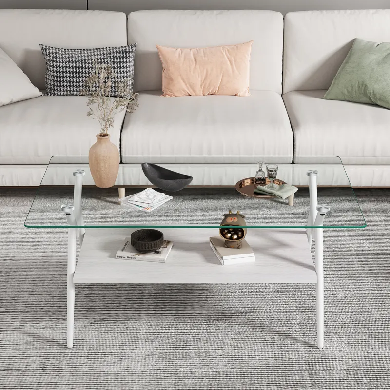 Rectangle Coffee Table With Tempered Glass Top And Metal Legs, Modern Table For Living Room - Transp