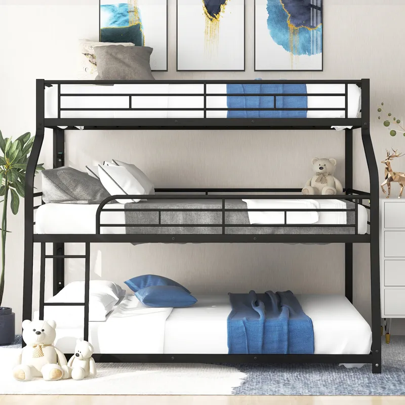 Twin Long / Full Long / Queen Triple Bunk Bed With Long And Short Ladder And Full-Length Guardrails 