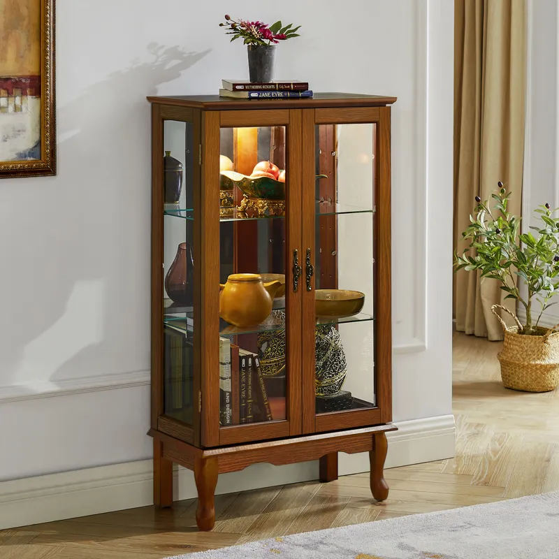 Curio Cabinet Lighted Curio Diapaly Cabinet With Adjustable Shelves And Mirrored Back Panel, Tempere