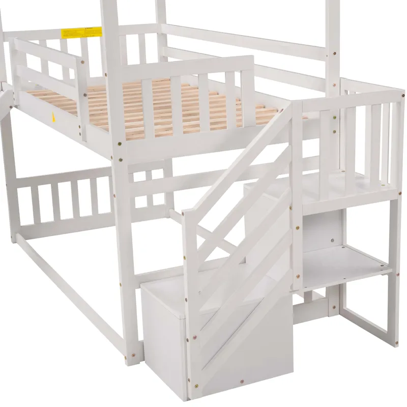 Twin Over Twin House Bunk Bed With Convertible Slide, Storage Staircase - White