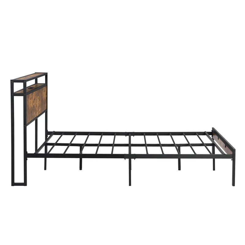 Full Size Metal Platform Bed Frame With Wooden Headboard And Footboard With USB Liner, No Box Spring
