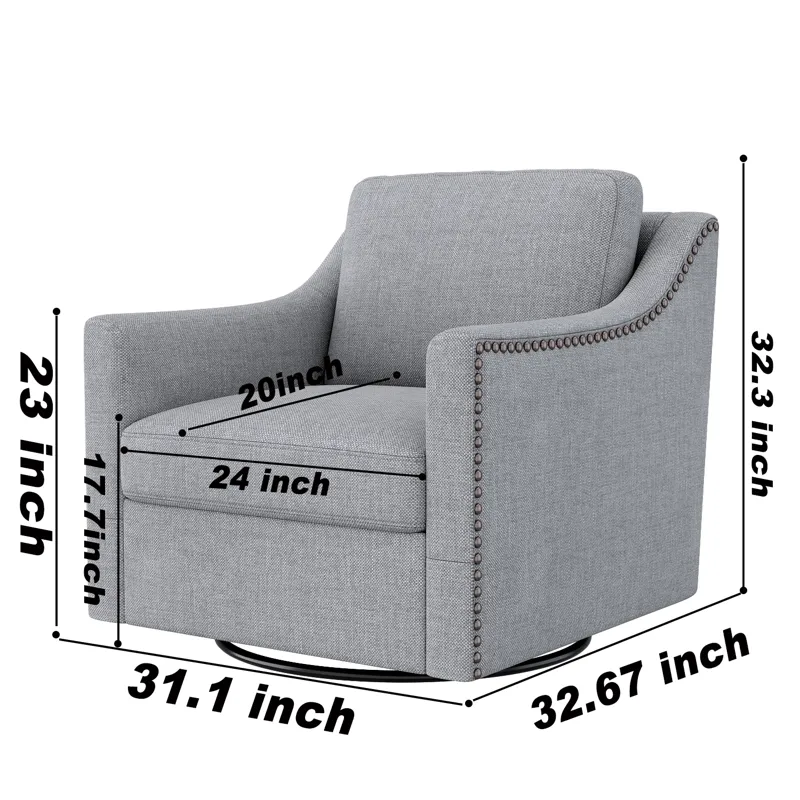 360 Degree Swivel Armchair Cotton Linen Skin-Friendly Fabric Ergonomic Design Brass Nail Decorative 