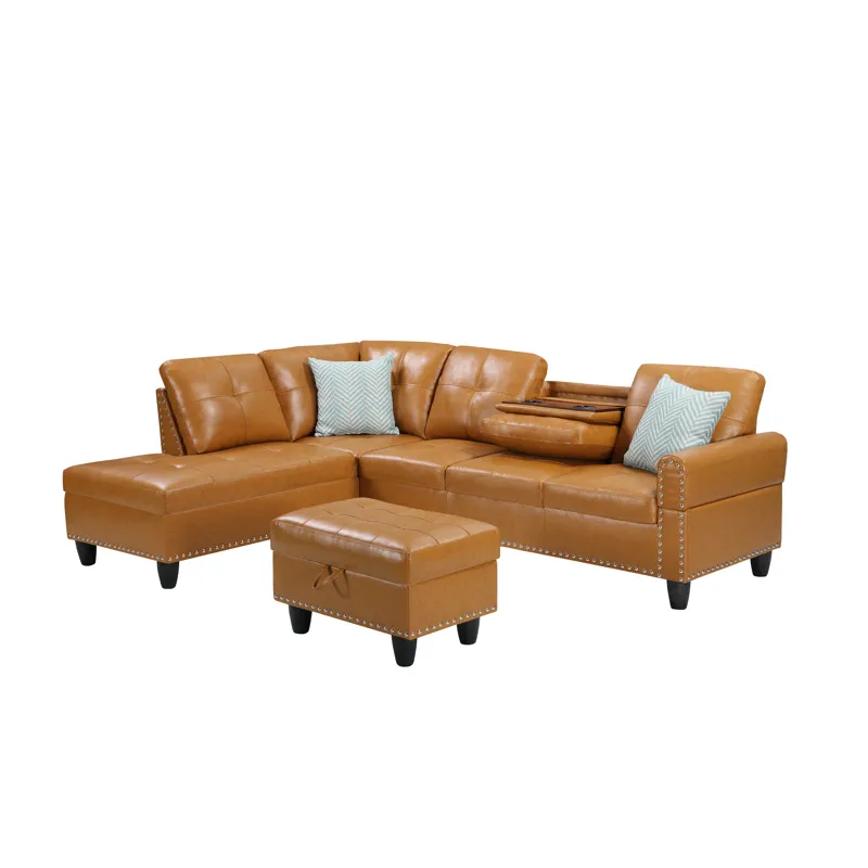 Irine - Faux Leather Sectional Sofa With Ottoman - Ginger