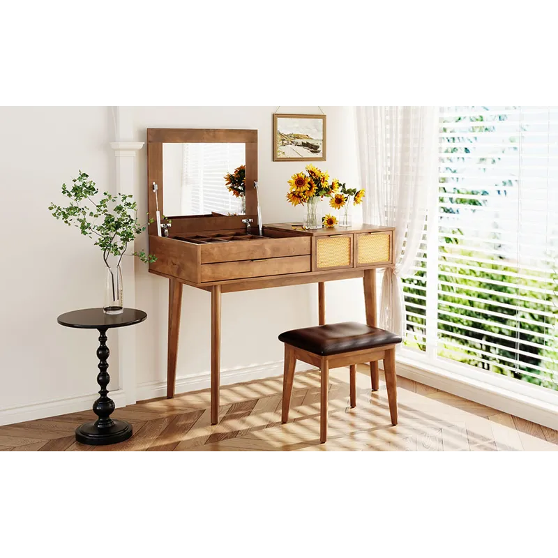 Classic Wood Makeup Vanity Set With Flip-Top Mirror And Stool, Dressing Table With Three Drawers And