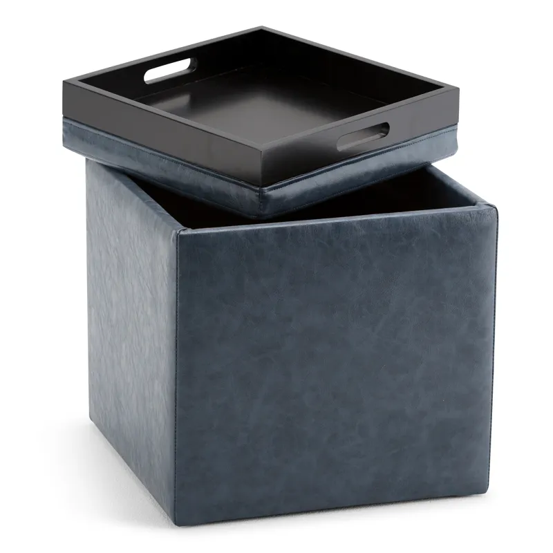 Rockwood - Cube Storage Ottoman with Tray - Denim Blue