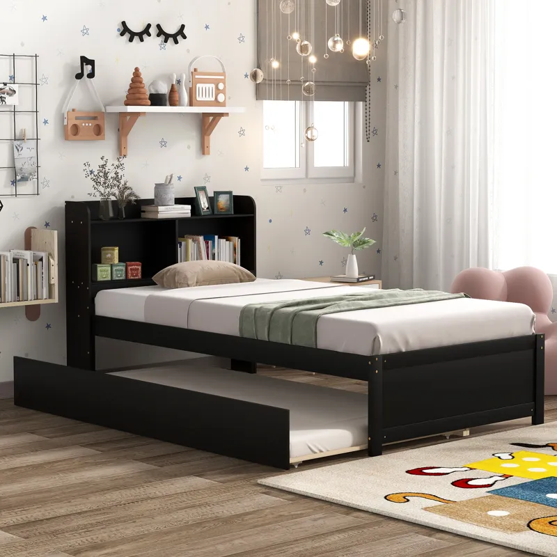 Twin Bed With Trundle, Bookcase - Espresso