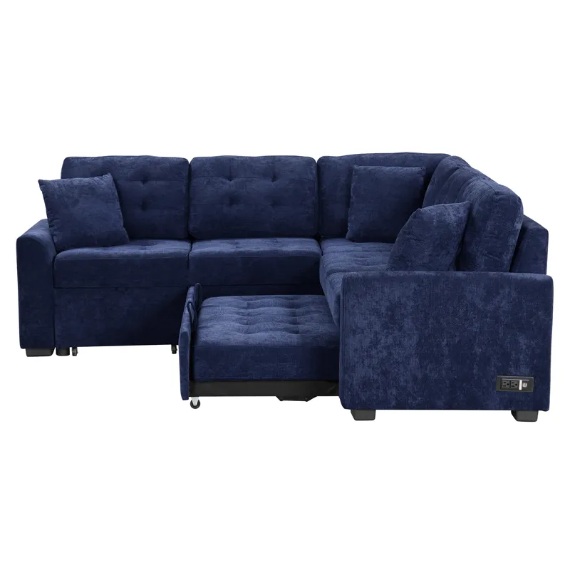 L-Shape Sofa Bed Pull-Out Sleeper Sofa With Wheels, USB Ports, Power Sockets For Living Room - Navy 