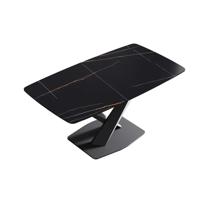 63\" Artificial Stone Black Curved Black Metal Leg Dining Table - Black