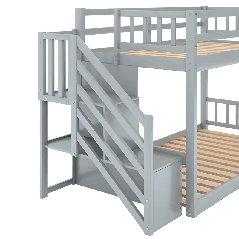 Twin Over Twin Floor Bunk Bed, Ladder With Storage - Gray
