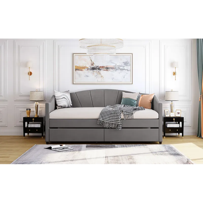 Twin Size Upholstered Daybed With Two Drawers And Wood Slat - Gray