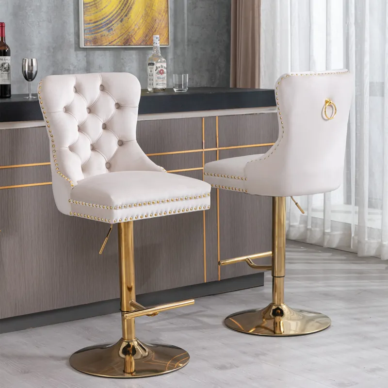 Thick Golden Swivel Velvet Barstools Adjusatble Seat Height From 27-35\", Modern Upholstered Bar Sto