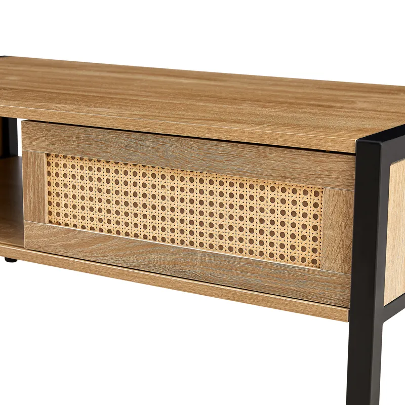 40.16\" Rattan Coffee Table, Sliding Door For Storage, Metal Legs, Modern Table For Living Room - Na