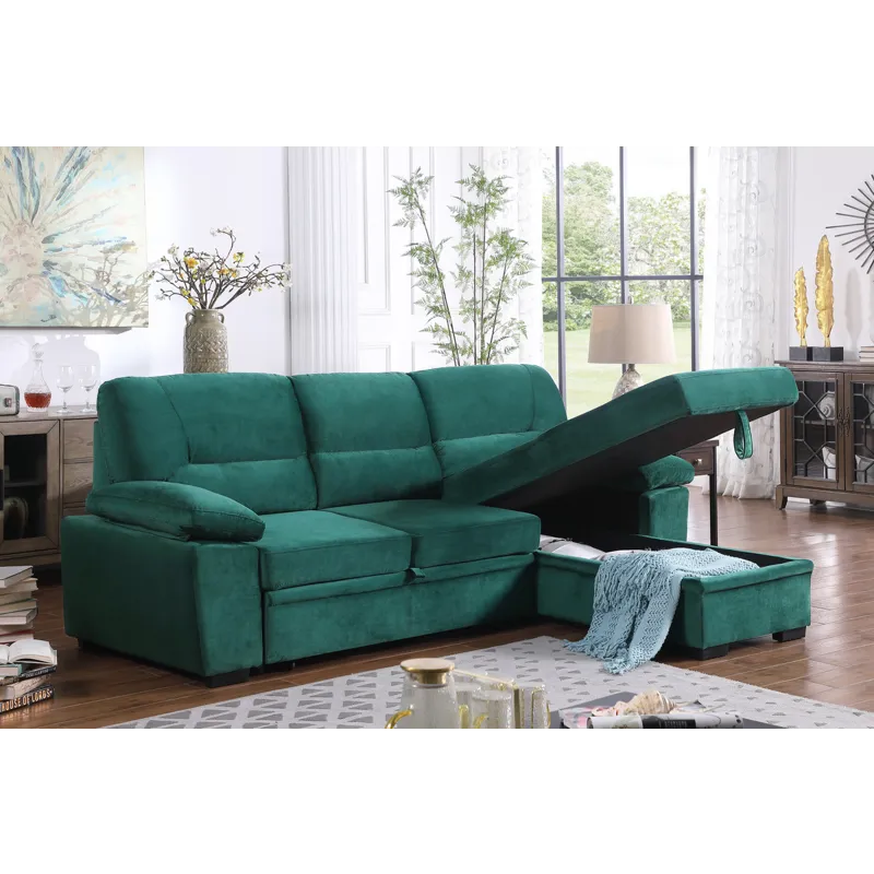 Kipling - Velvet Fabric Reversible Sleeper Sectional Sofa Chaise - Green