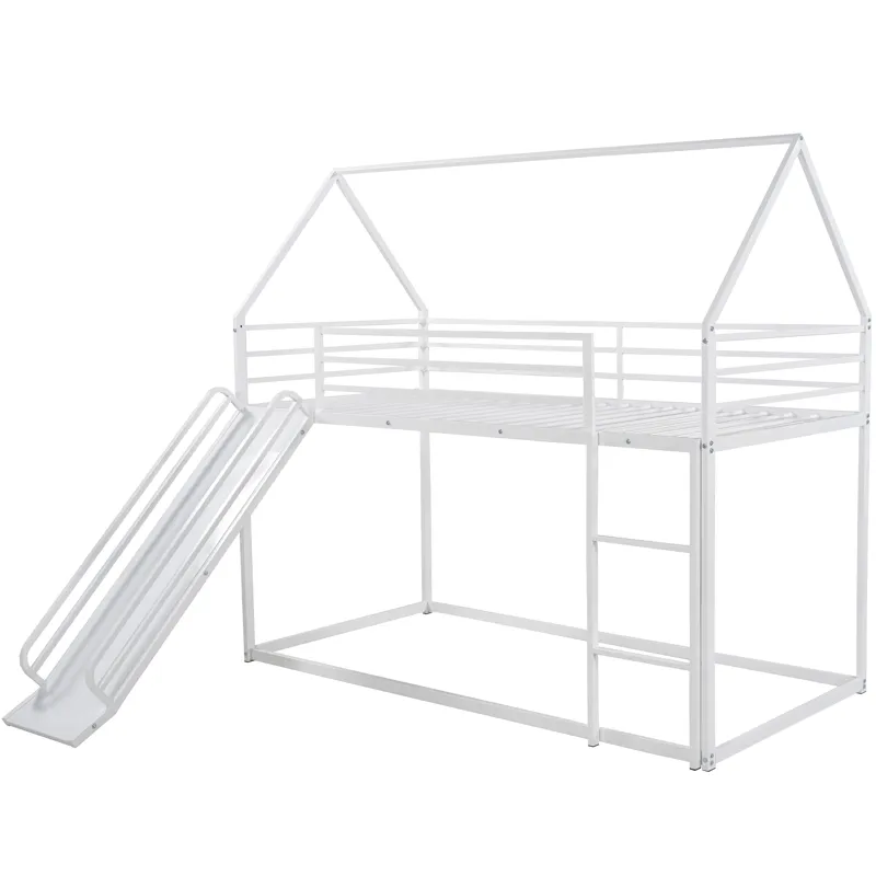 Twin Over Twin House Bunk Bed With Ladder And Slide - White
