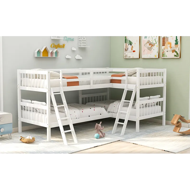 Twin L-Shaped Bunk Bed With Ladder - White