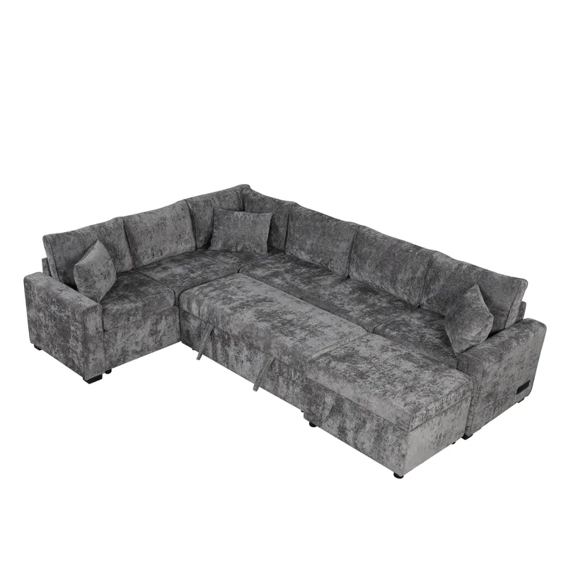 Sectional Sofa Pull-Out Sofa Bed Sleeper With A Storage Ottoman, Three Pillows And Charging Devices 