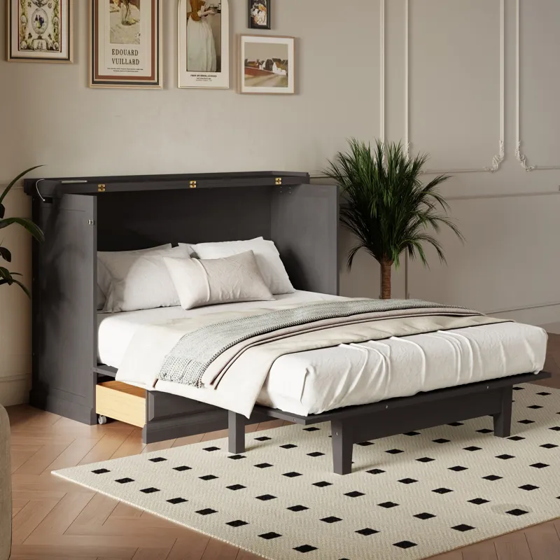 Full Solid Pine Murphy Bed Chest Cube Cabinet Bed With Charging Station And Large Storage Drawer For