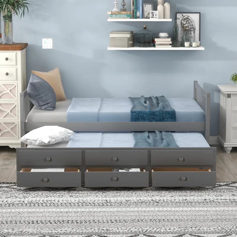 Twin Size Daybed With Trundle And Drawers - Gray