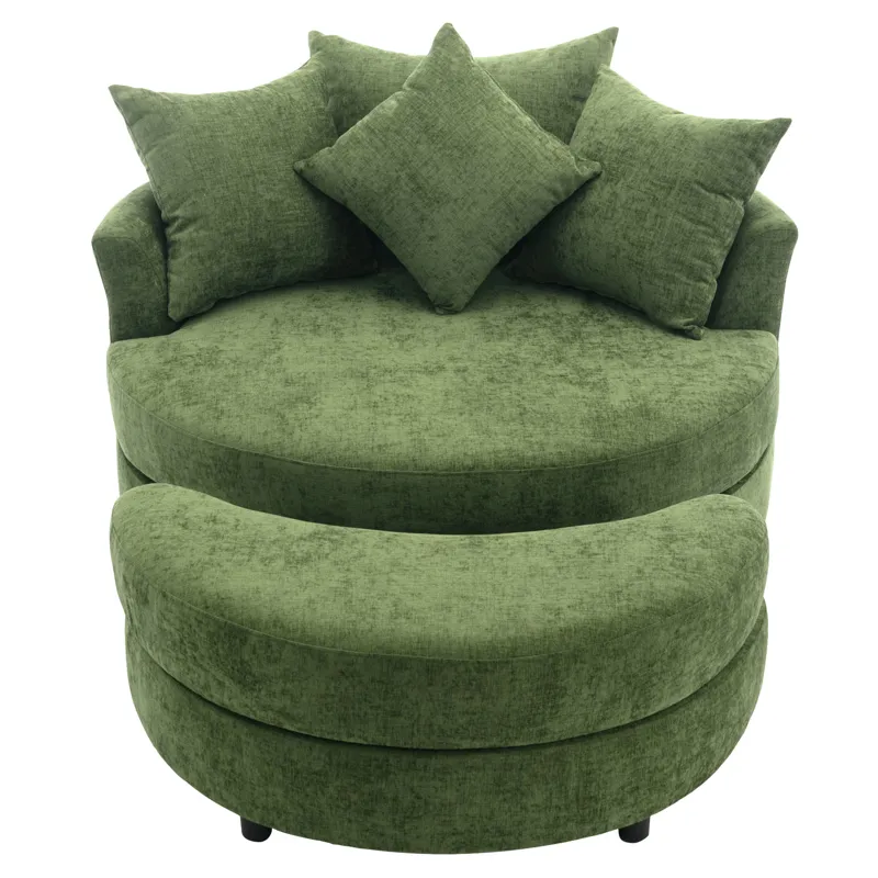 360° Swivel Accent Barrel Chair With Storage Ottoman & 4 Pillows, Modern Chenille Leisure Chair Roun