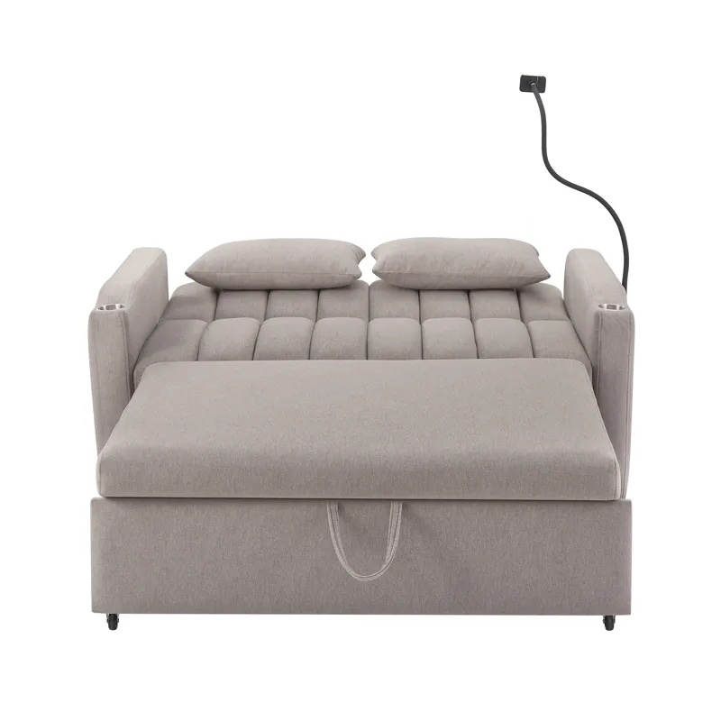 Convertible Sofa Bed Loveseat Sofa With Three USB Ports, Two Side Pockets, Two Cup Holders And 360° 