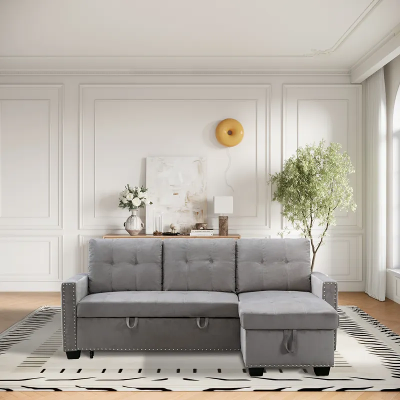 Reversible Sectional Storage Sleeper Sofa Bed, L-Shape 2 Seat Sectional Chaise With Storage, Skin-Fe